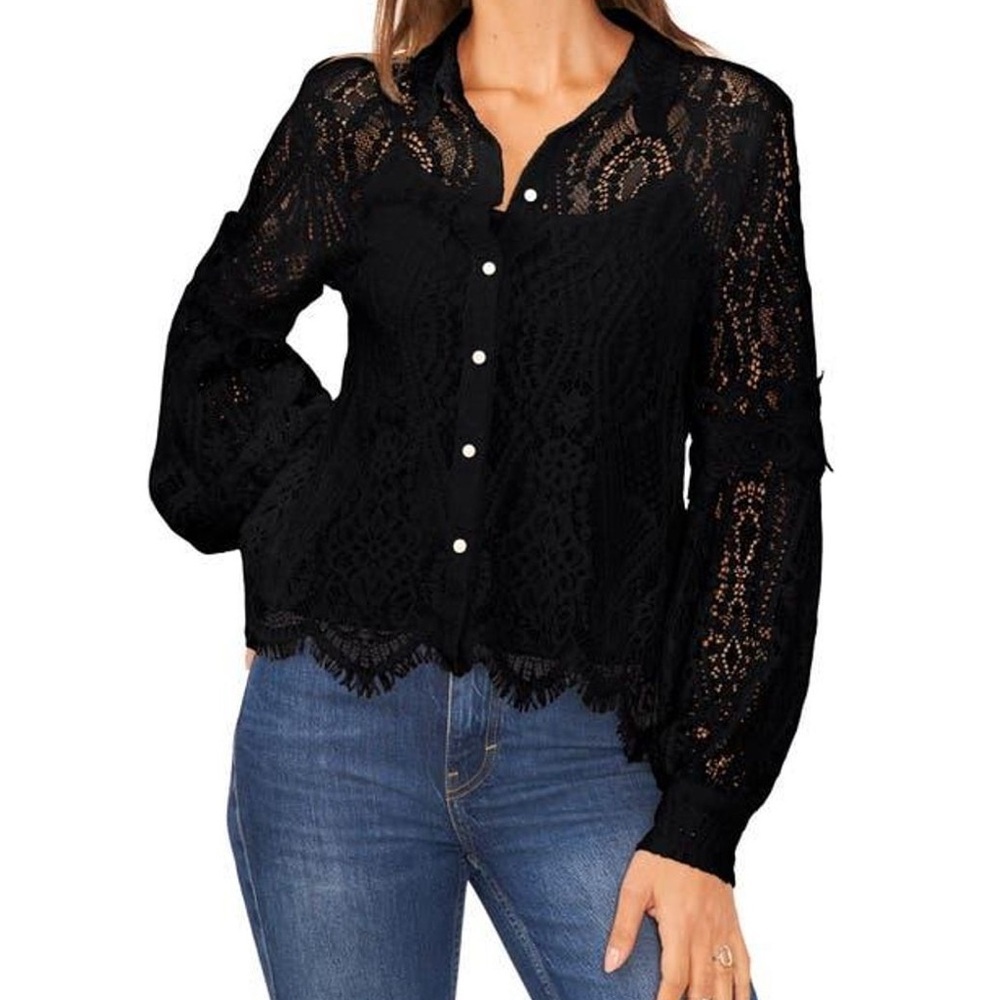 Vince Camuto Black Lace Button-Up Blouse